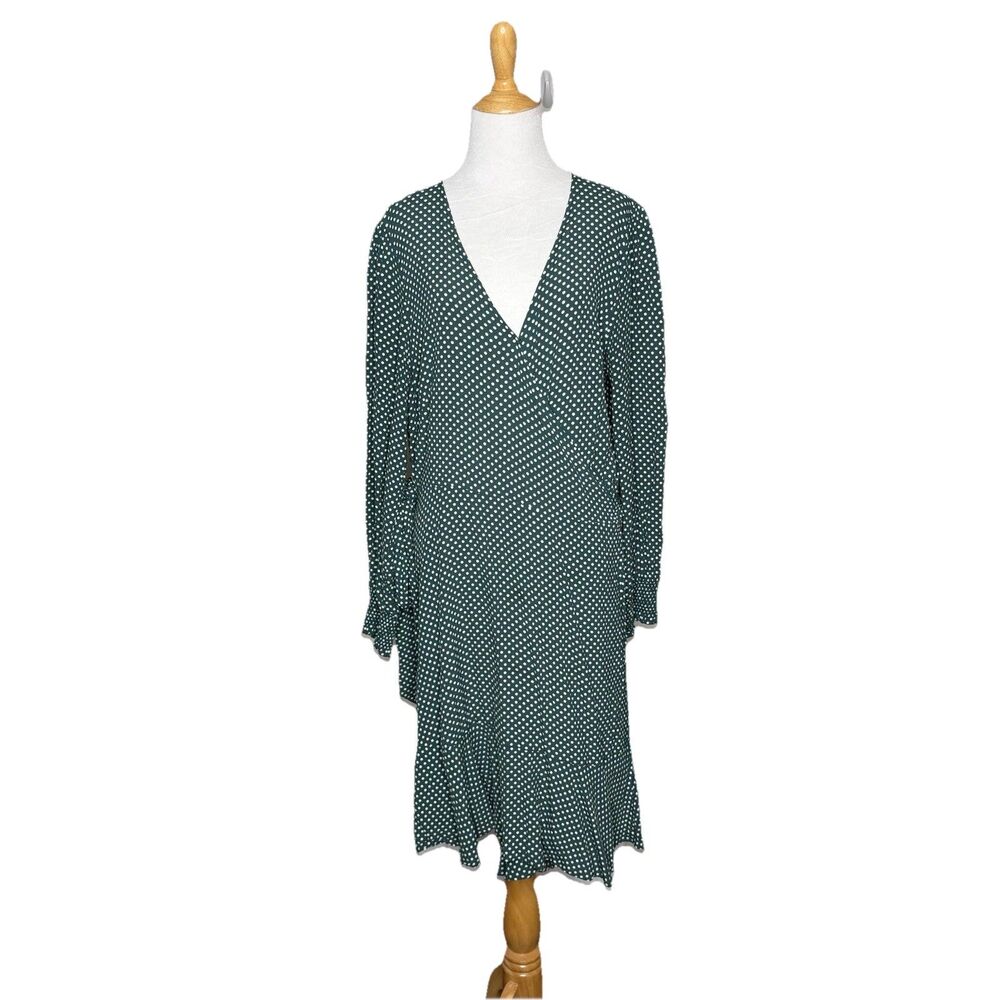LOFT Green White Polka Dot Long Sleeve Short Ruffled Bottom Wrap Dress Size 14